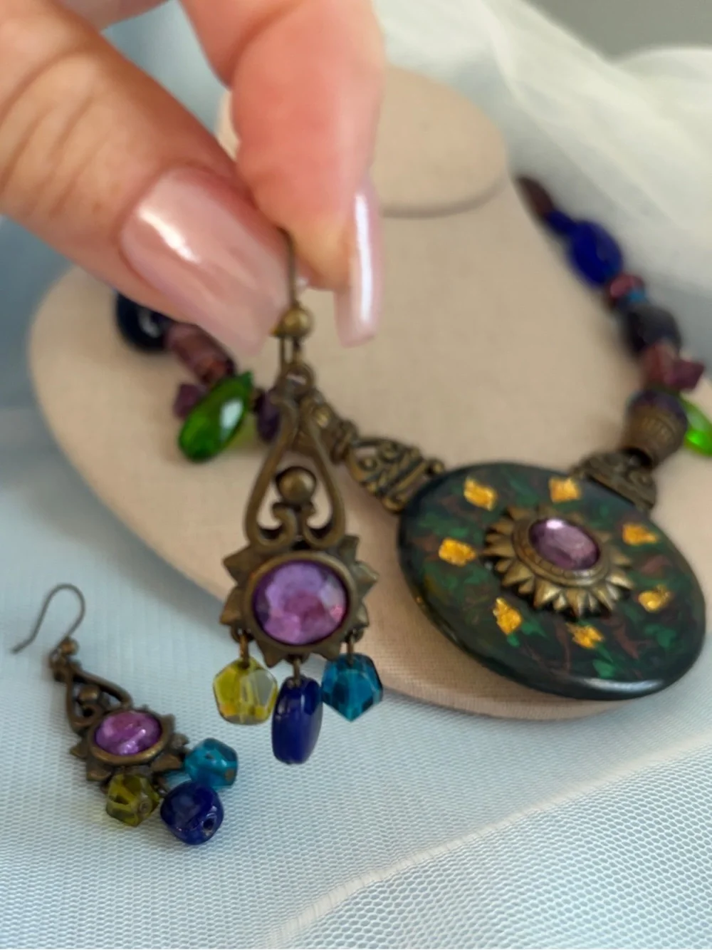 Chico's Green and Purple Statement Necklace with Matching Earrings Pierced